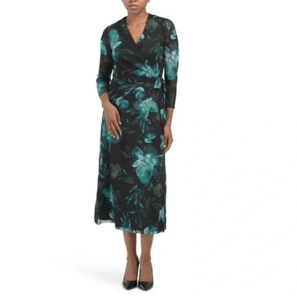 ANNE KLEIN | Floral Midi Wrap Dress Teal Multi Size Small